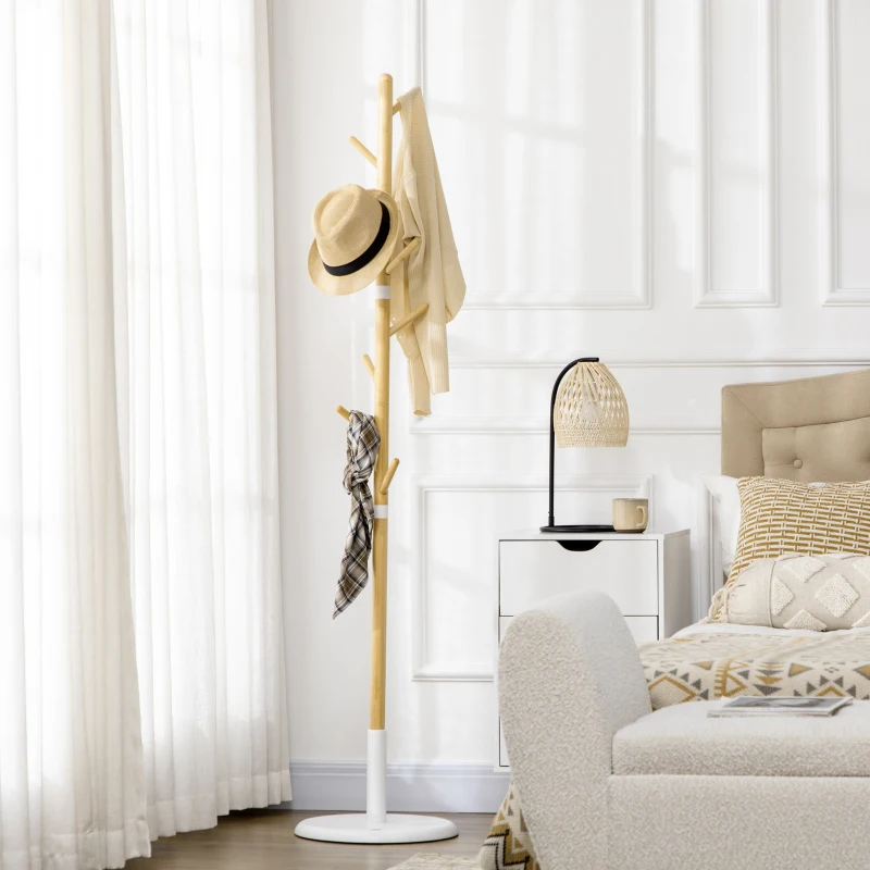 HOMCOM Albero Appendiabiti a 8 Ganci con Base Rotonda in Bambù, Legno e Metallo, Ø37.8x175.6 cm, color Legno e Bianco