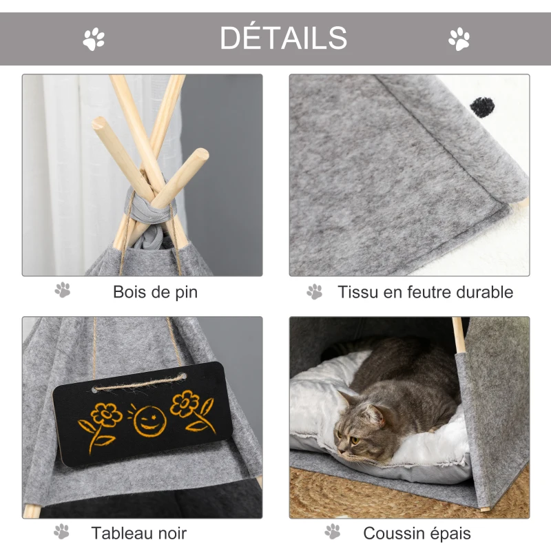 PawHut Tente tipi pour Animaux - Teepee Chat ou Chien - Coussin épais Grand Confort Inclus - Structure Bois de pin Feutre Peluche PV Gris