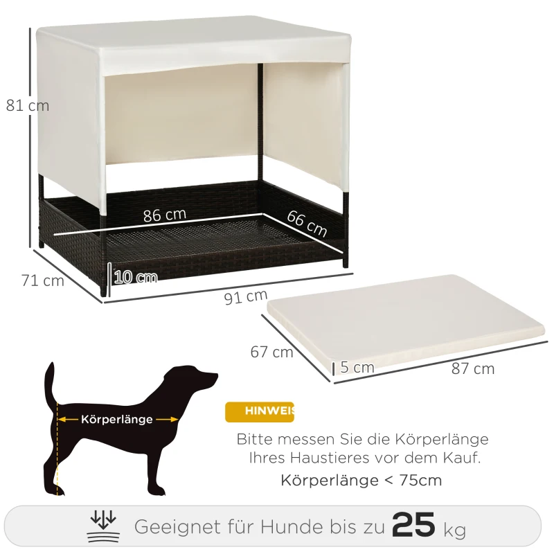 PawHut Rattan Hundehaus mit Kissen Hundebett mit Dach Hundeliege Hundehütte Haustierbett Hundesofa Kissen Stahlrahmen Kaffee+Beige 91 x 71 x 81 cm