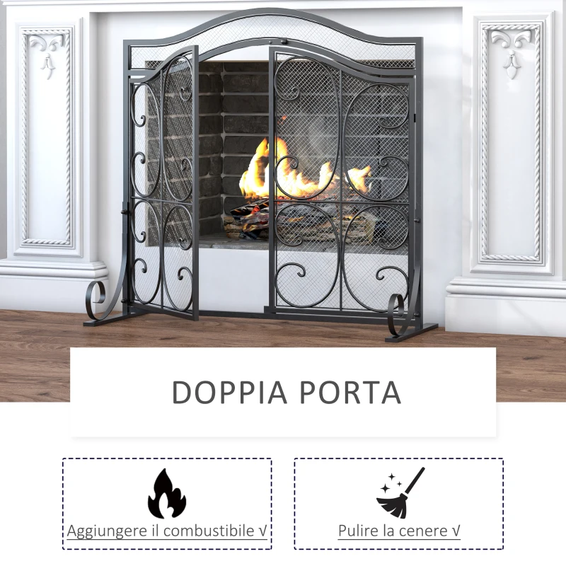 HOMCOM Parascintille per Camino in Metallo Nero con 2 Porte Chiusura a Clip, 88x30x89 cm