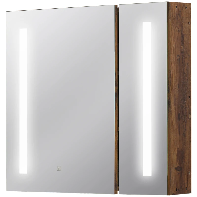 kleankin Armario con Espejo de Baño con Luz LED Mueble de Baño Colgante con Interruptor Táctil 70x15x65cm Marrón Rústico