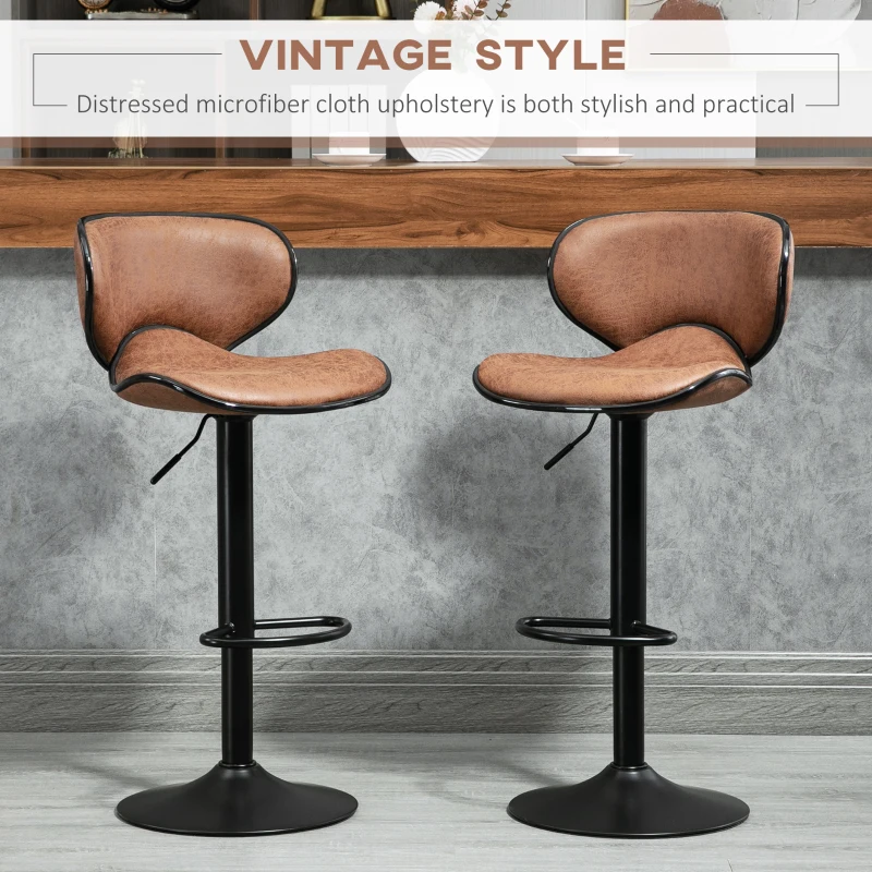 HOMCOM Adjustable Bar Stools Set of 2, Swivel Leathaire Upholstered Barstools with Large Seat, Breakfast Bar Chairs with Back, Footrest and Steel Base, Brown