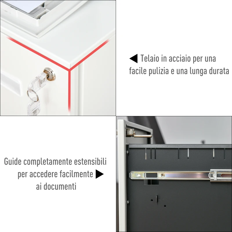 Vinsetto Cassettiera Ufficio con Ruote, Schedario Portadocumenti a 2 Cassetti con Serratura e 2 Chiavi in Acciaio, 39x48x67cm, Bianco