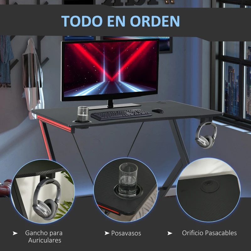 HOMCOM Mesa Gaming 120x60x75 cm Escritorio Ergonómico Gaming Desk para Ordenador PC con Portavasos Gancho para Auriculares y Orificio de Pasacables Efecto de Fibra de Carbono Negro