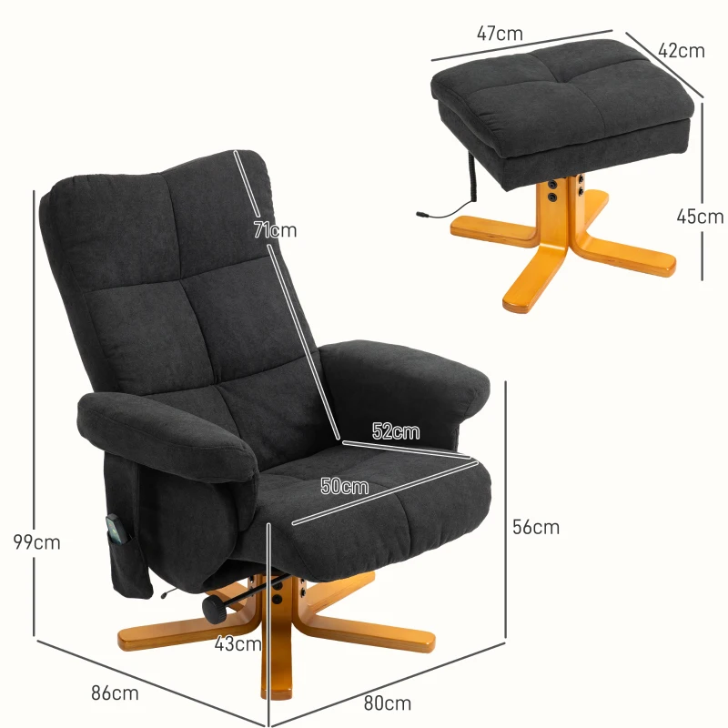 HOMCOM Massagesessel mit Liegefunktion und Fußhocker, 145°-Neigung, Polyester, 80 x 86 x 99 cm, Schwarz(m-3)