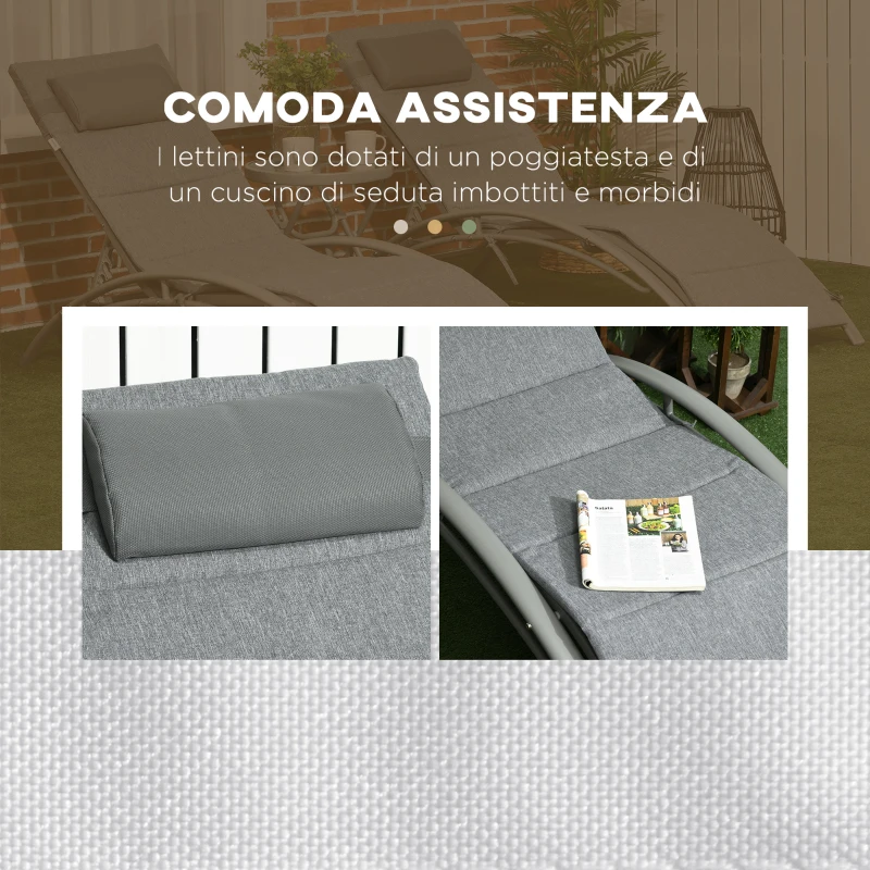 Outsunny Set 2 Lettini Prendisole Reclinabili su 4 Livelli e Tavolino Pieghevole, Grigio