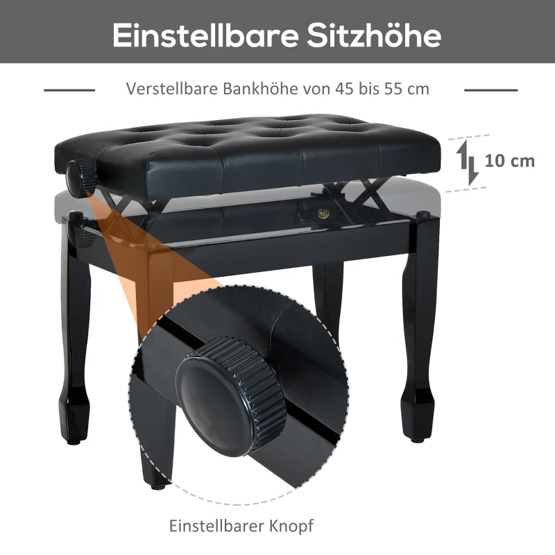 HOMCOM Klavierhocker Höhenverstellbar Klavierbank, Pianobank mit Kunstleder Kissen Keyboardhocker für Piano Keyboard 64 x 35 x 45-55 cm Schwarz