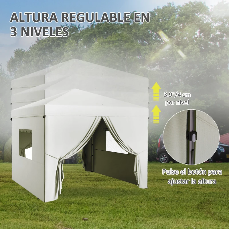 Outsunny Carpa Plegable Pop-Up 3x3 m con 4 Cortinas Laterales 2 Ventanas de Malla Altura Ajustable Impermeable y Anti-UV Blanco
