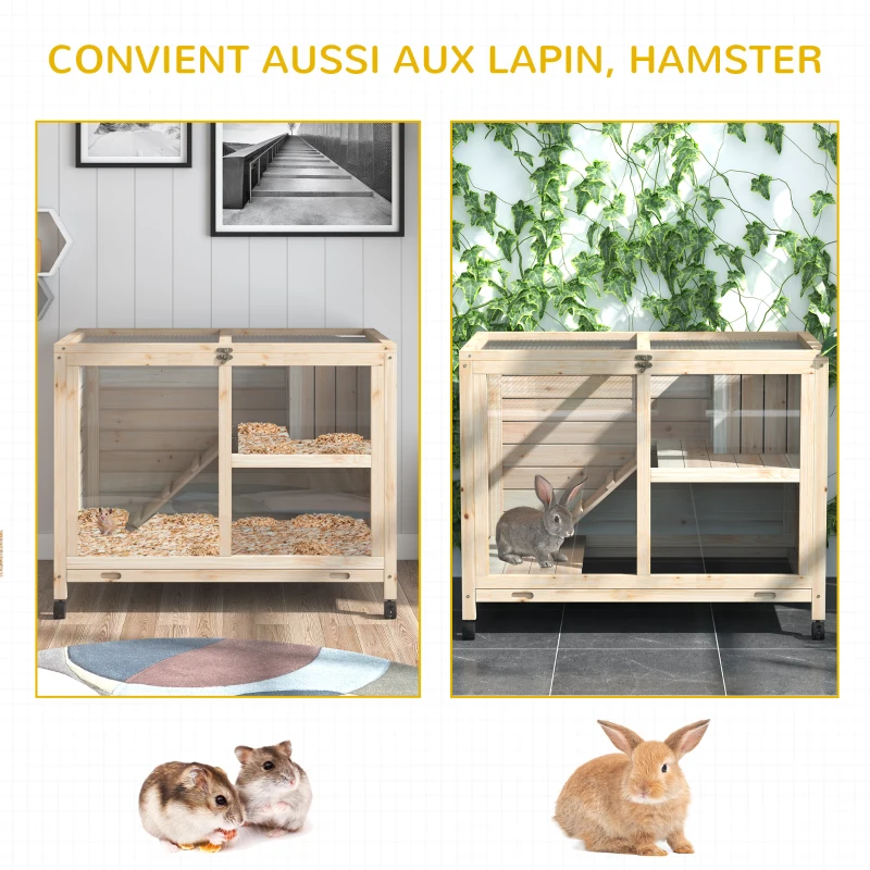 PawHut Cage à lapin clapier sur roulettes petit enclos animaux en bois massif 2 étages toit ouvrant plates-formes 91,5 x 53,3 x 73 cm bois naturel