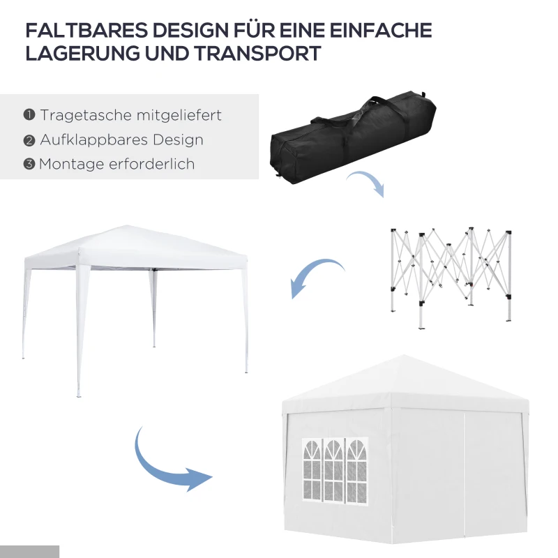Outsunny 3 x 3 m Pavillon mit 4 Seitenwänden, Fenster, Festzelt mit UV-Schutz, Gartenzelt inkl. Tragetasche, Stahl, Weiß