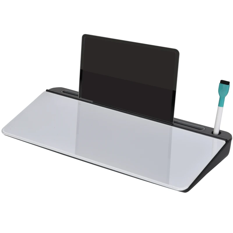 HOMCOM Support tablette organisateur de bureau 2 en 1 - panneau en verre rabattable - 4 compartiments de rangement + porte marqueur - noir blanc