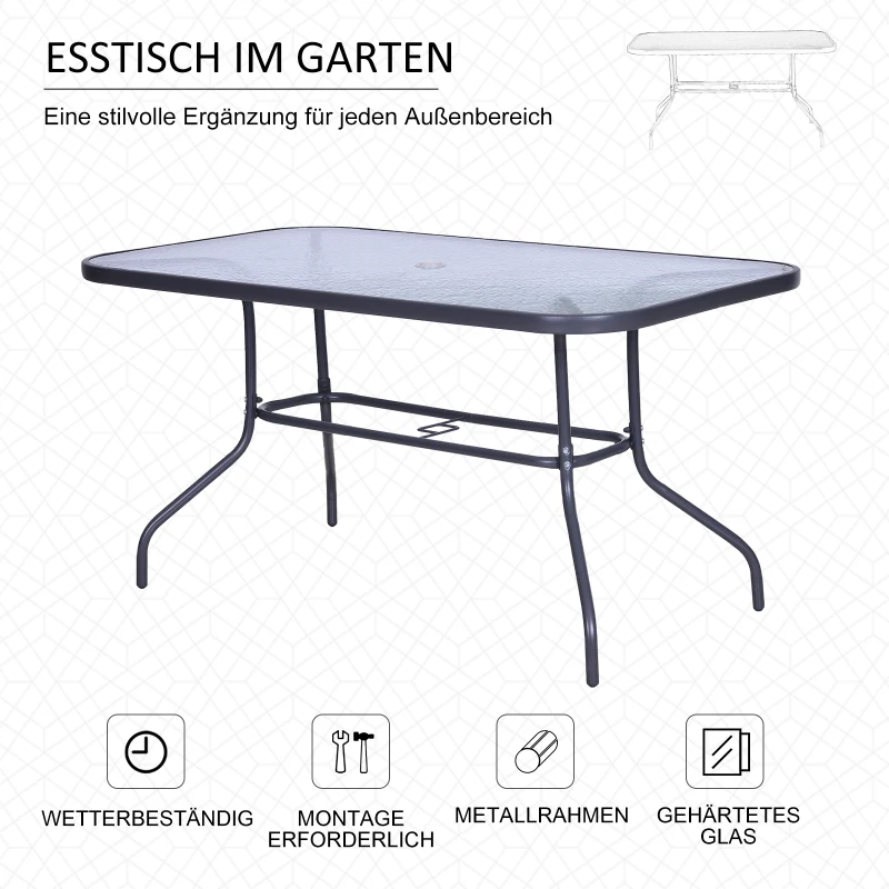 Outsunny Gartentisch Bistrotisch Balkontisch Garten Beistelltisch Bistrotisch Gartenmöbel mit Glasplatte Schirmloch Hartglas + Metall Carbongrau 140 x 80 x 70 cm