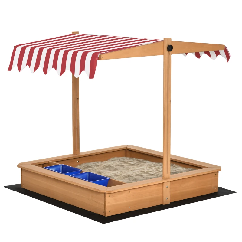 Outsunny Sand Pit Kids Wooden Sandbox with Cover Children Sandpit Play Station Height Adjustable with Canopy, Bottom Liner, Plastic Basins for Outdoor Aged 3-7 Years