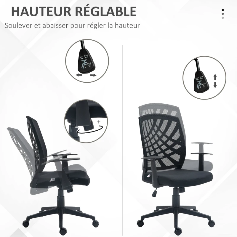HOMCOM Fauteuil de bureau avec accoudoirs hauteur réglable pivotante 360 ° roulettes revêtement maille, noir