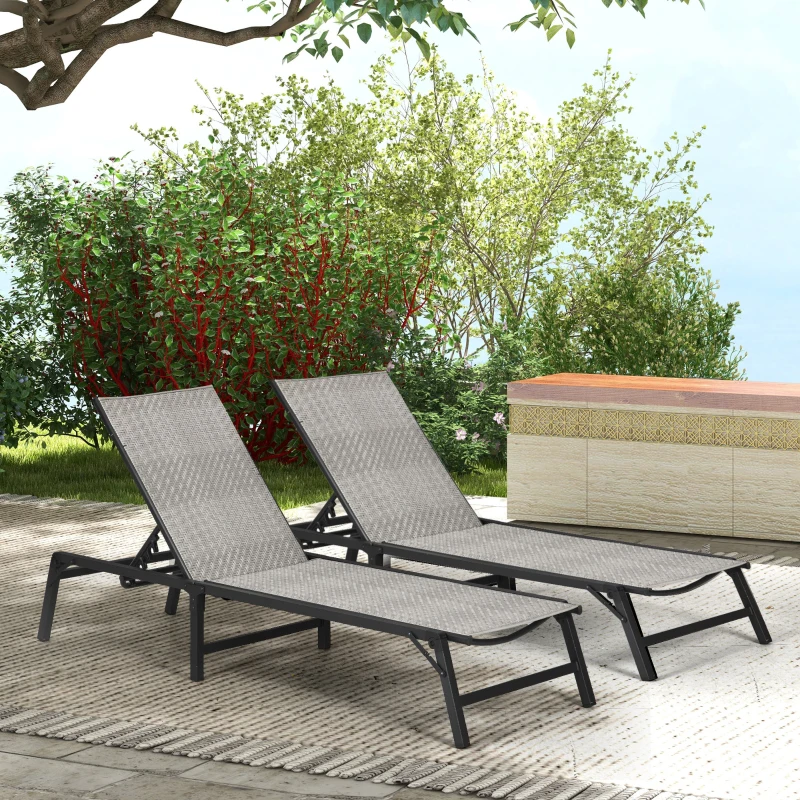 Outsunny Foldable Outdoor PE Rattan Sun Lounger Set of 2, Patio Wicker Recliners Lounge Chair w/ 5-Level Adjustable Backrest, for Poolside, Garden, Mixed Grey