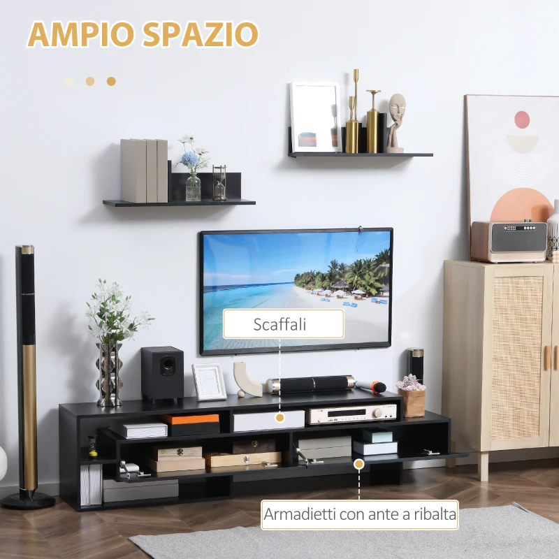 HOMCOM Mobile Porta TV Moderno con 2 Mensole in Legno, Vani Aperti e Armadietti, Nero