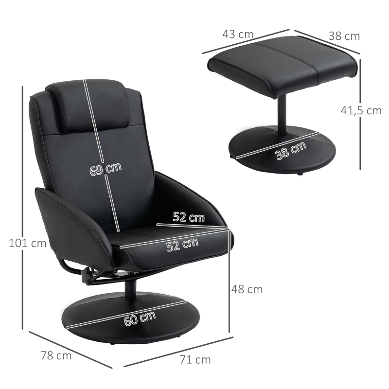 HOMCOM Sillón Reclinable con Reposapiés con Tapizado en PU y Estructura de Acero Carga 120 kg Negro