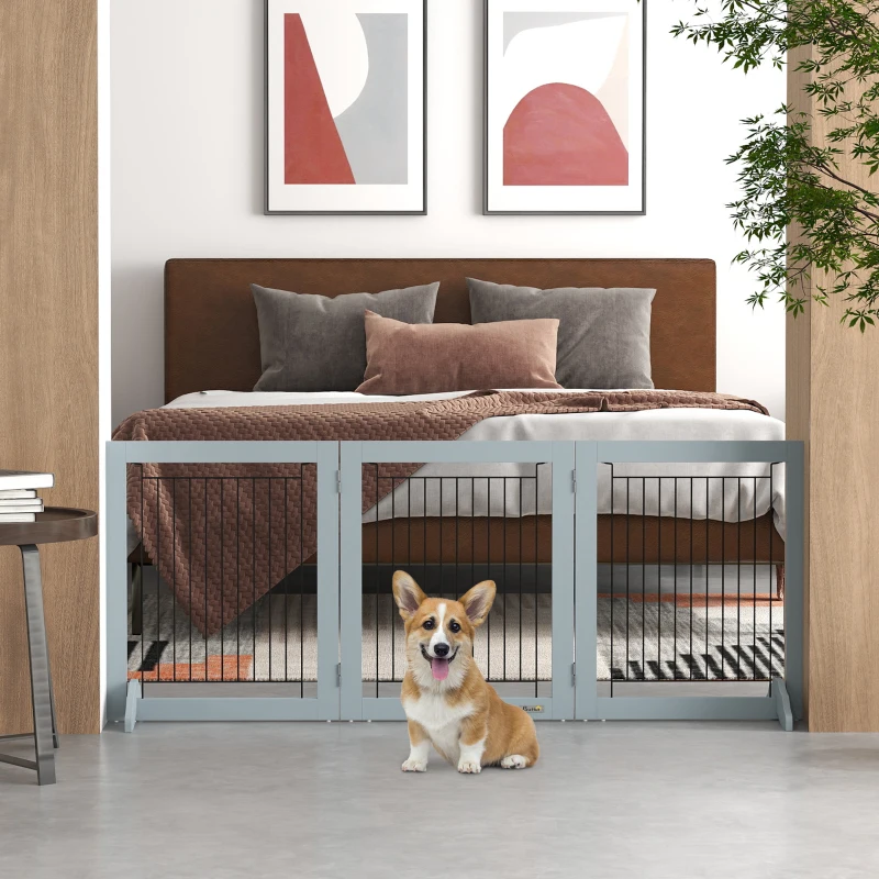 PawHut Foldable Pet Gate, with Three Panels & Two Support Feet - Grey
