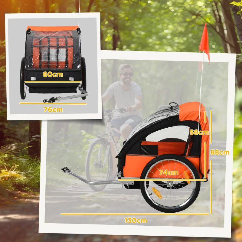 HOMCOM Rimorchio Bici Bambini con 2 Posti, 2 Cinture di Sicurezza, Telaio in Acciaio e Copertura in Tessuto Oxford Arancione