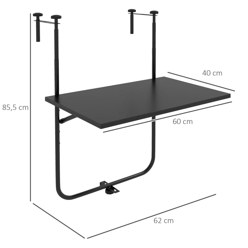 Outsunny Balkontisch, für Geländer 6-15cm Dicke, verstellbar, klappbar, rostfreies Metall, 62x60x85,5cm, Schwarz