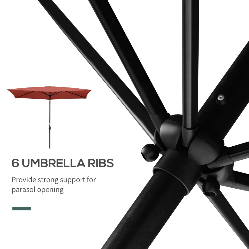 Outsunny 2 x 3(m) Garden Parasol Umbrella, Rectangular Outdoor Market Umbrella Sun Shade with Crank & Push Button Tilt, 6 Ribs, Aluminium Pole, Wine Red
