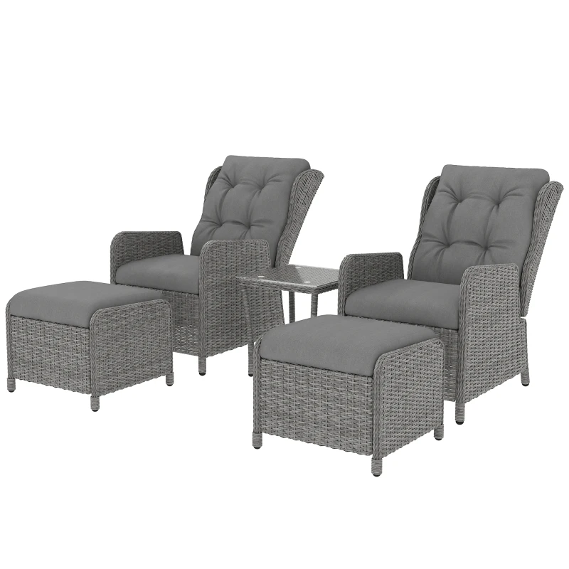 Outsunny 5 Pieces Rattan Bistro Set with Adjustable Back, Reclining Wicker Balcony Furniture with Cushions, Glass Top Coffee Table and Footstools, Outdoor Table and Chairs, Light Grey