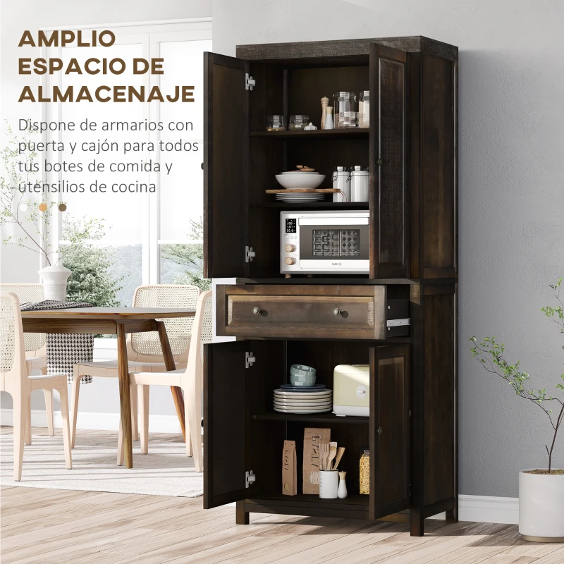 HOMCOM Alacena de Cocina Mueble Auxiliar con 4 Puertas Magnéticas Cajón y Estantes Ajustables 76x40,5x184 cm Café Oscuro