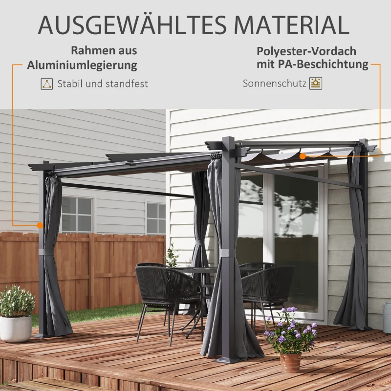 Outsunny Pergola, inklusive Befestigungsmaterial, ausziehbares Dach, 2.,97 m x 2,95 m x 2,3 m, Dunkelgrau