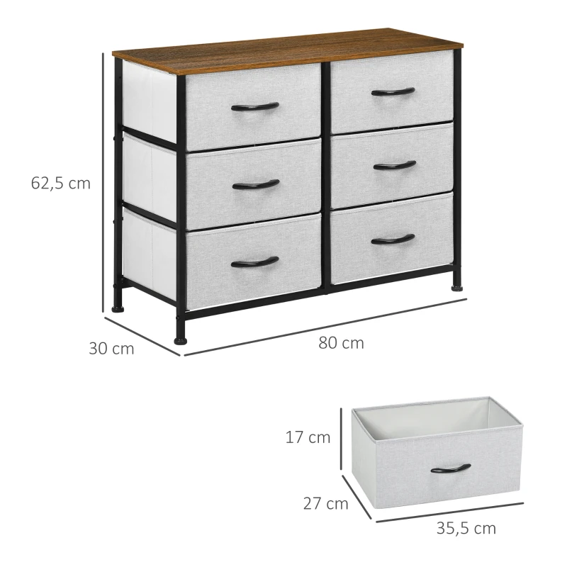 HOMCOM Kommode Sideboard, 6 Schubladen, Stoffschubladen, 80 cm x 30 cm x 62,5 cm, Braun + Schwarz + Grau