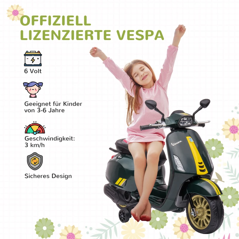 AIYAPLAY Elektro-Kindermotorrad, Vespa, 3 km/h, 3-6 Jahre, Musik, Licht & Radio, Dunkelgrün(m-4)