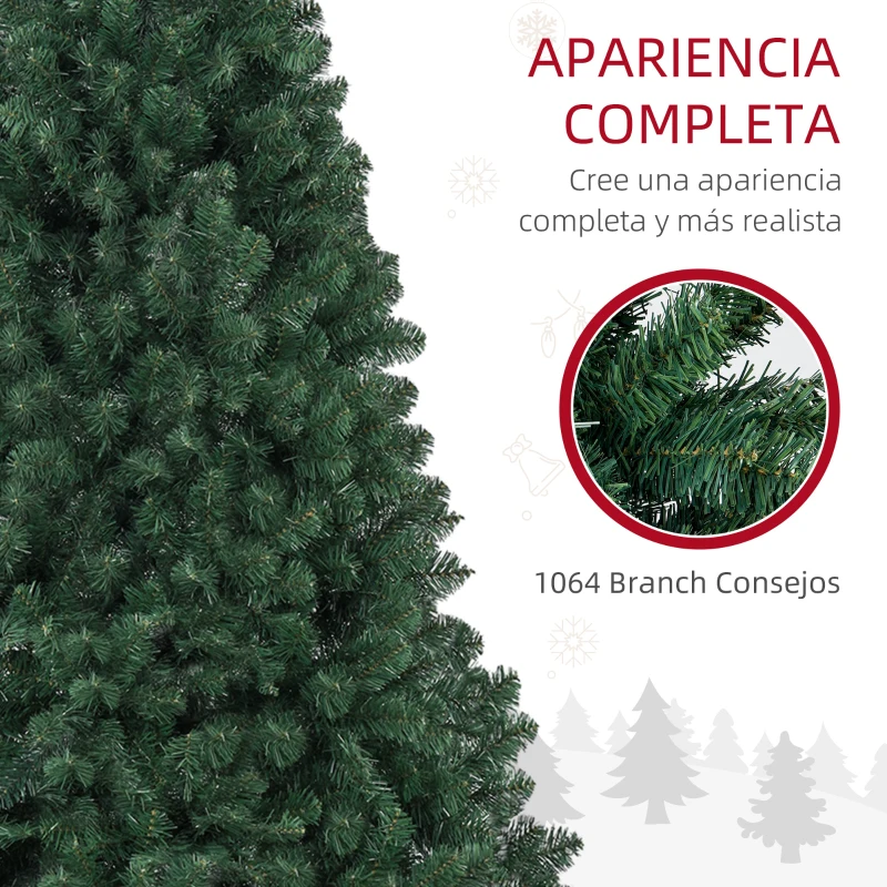 HOMCOM Árbol de Navidad Artificial 213 cm con 1064 Ramas de Alambre de Memoria y Base Plegable Árbol de Navideño Verde