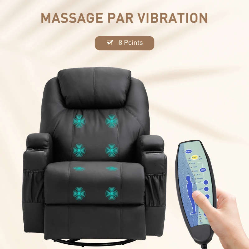 HOMCOM Fauteuil de massage inclinable, bascule et pivotant à 360°, fauteuil de relaxation, dossier et repose-pieds réglable manuellement, télécommande, porte-gobelets et poches latérales, noir