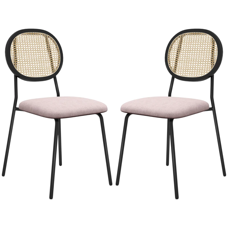 HOMCOM Pack de 2 Sillas de Comedor con Respaldo de Ratán Sintético y Marco de Acero para Salón 44x54x87 cm Rosa y Negro