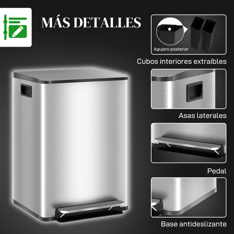 HOMCOM Cubo de Basura de Cocina con 2 Compartimentos 2x20L con Pedal Tapa de Cierre Suave y Cubo Extraíble Plata