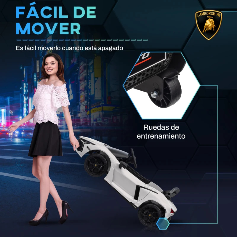 AIYAPLAY Coche Eléctrico para Niños de +3 Años Lamborghini Revuelto con Mando a Distancia Faros LED Bocina Música Blanco