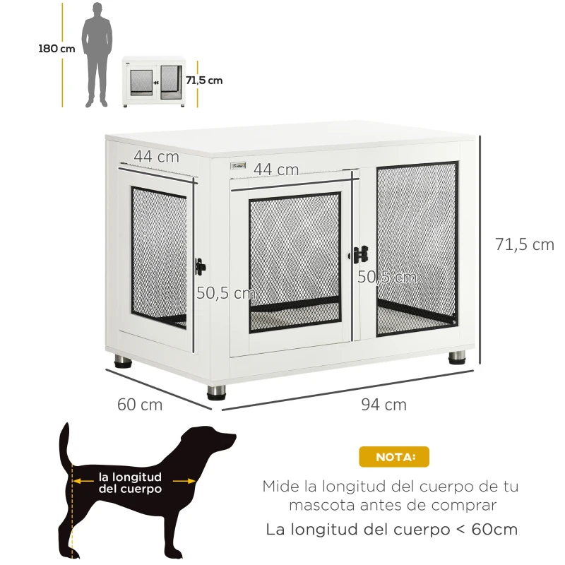 PawHut Jaula para Perros Medianos de Interior Mesa Auxiliar con 2 Puertas con Pestillo y Cojín 94x60x71,5 cm Blanco