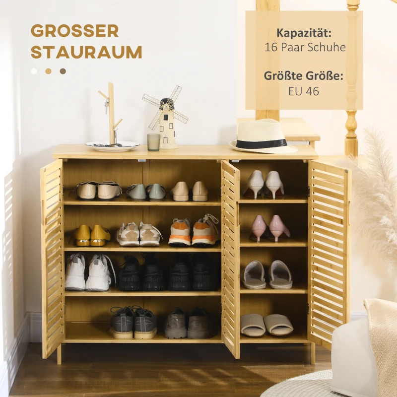 HOMCOM Schuhschrank mit 8 Regalböden, 16 Paar Schuhe, bis Schuhgröße 46, 3 Lamellentüren, Bambus, Natur