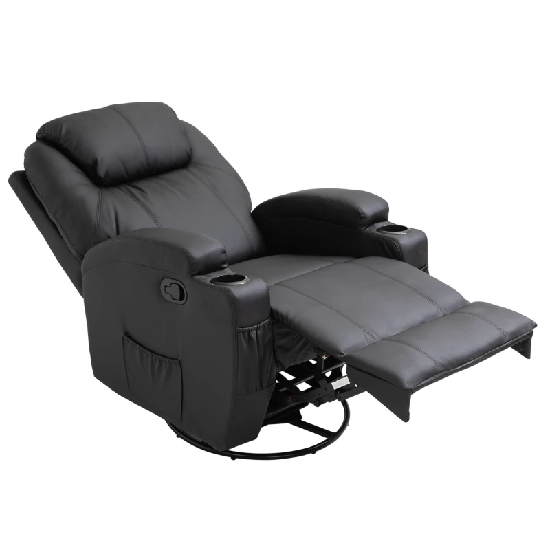 HOMCOM Fauteuil de massage inclinable, bascule et pivotant à 360°, fauteuil de relaxation, dossier et repose-pieds réglable manuellement, télécommande, porte-gobelets et poches latérales, noir