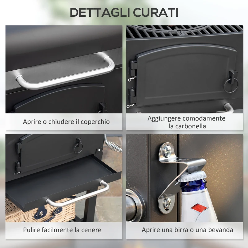 Outsunny Barbecue da Giardino a 2 Ruote con Griglia, Affumicatore e Fornello, in Metallo e Ghisa, 124x66x112 cm, Nero