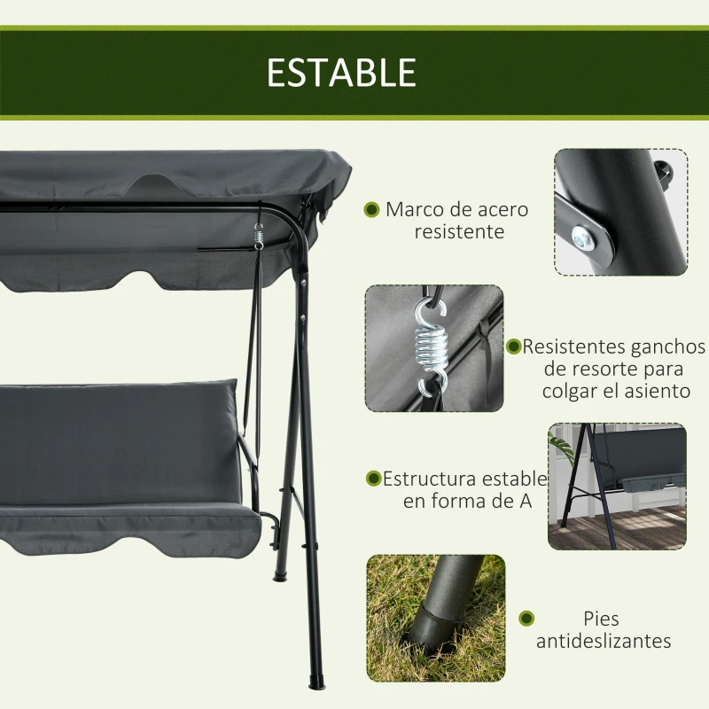Outsunny Balancín de Jardín Exterior Columpio de 3 Plazas con Toldo Ajustable y Marco de Acero para Exterior 172x110x153 cm Gris