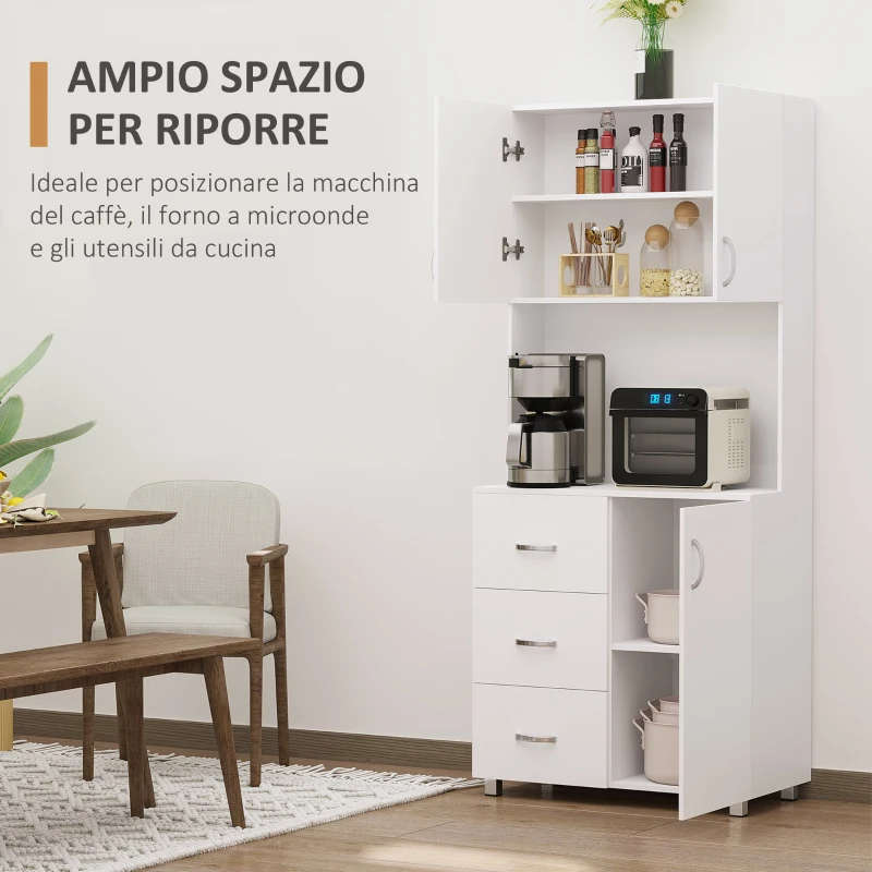 HOMCOM Credenza da Cucina e Soggiorno, Credenza Moderna in Legno Bianco, 2 Armadietti, Mensole Regolabili, 1 Ripiano Aperto e 3 Cassetti, 80x39.5x183.5cm