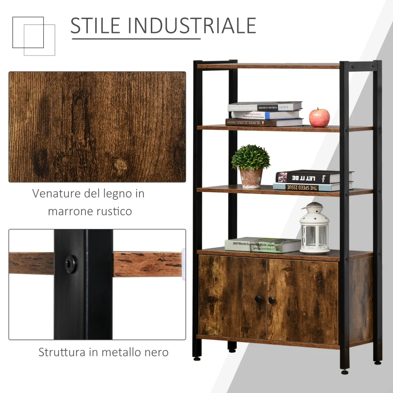 HOMCOM Libreria Moderna Stile Industriale con 3 Mensole e Armadietto a 2 Ante Casa e Ufficio, Legno e Metallo, Marrone Rustico, 70x30x120cm