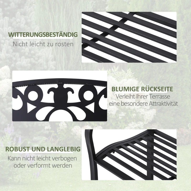 Outsunny 2-Sitzer Sitzbank Gartenbank Metallbank Bank mit Armlehnen Landhausstil Metall Schwarz 128 x 50 x 91 cm