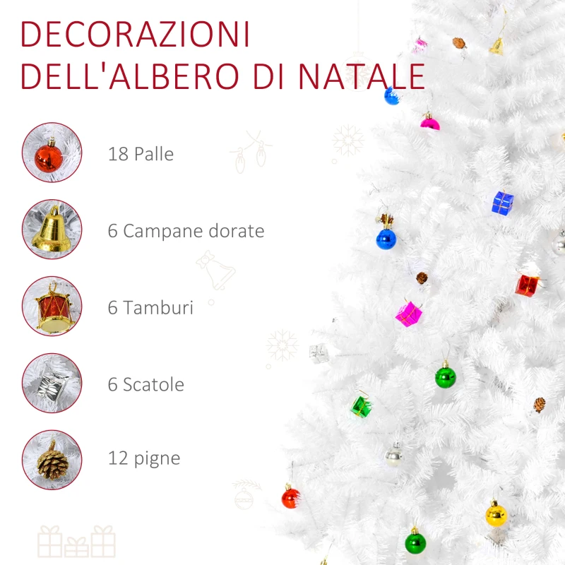 HOMCOM Albero di Natale Bianco 180cm con Addobbi e 930 Rami, Albero di Natale Innevato Artificiale in PVC