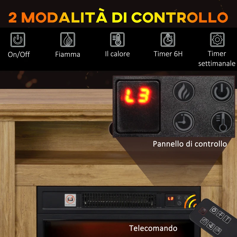 HOMCOM Caminetto Elettrico 1800W con Fiamma 3D, Timer e Telecomando, in Legno, Metallo e Vetro, 81.5x30x76.2 cm, Marrone