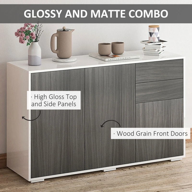 HOMCOM High Gloss Frame Sideboard, Side Cabinet, Push-Open Design with 2 Drawer for Living Room, Bedroom, Light Grey and White