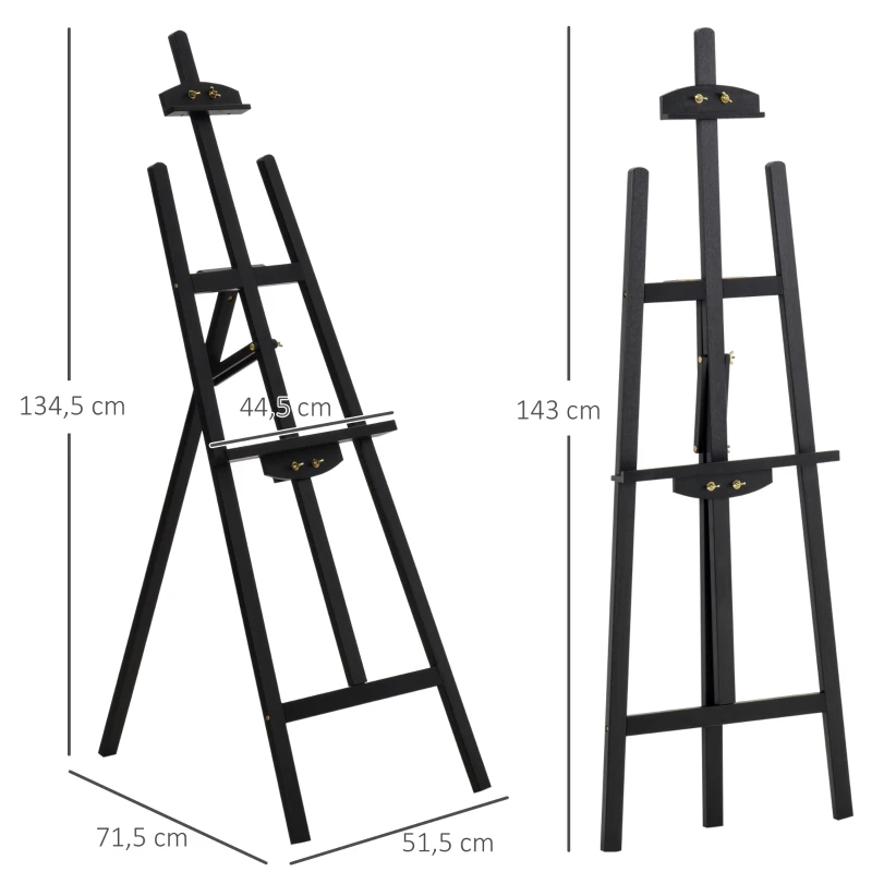 HOMCOM Caballete de Pintura de Madera Caballete de Dibujo con Ángulo Ajustable de 75° Soporte Trípode y Pincel para Lienzos 51,5x71,5x134,5 cm Negro