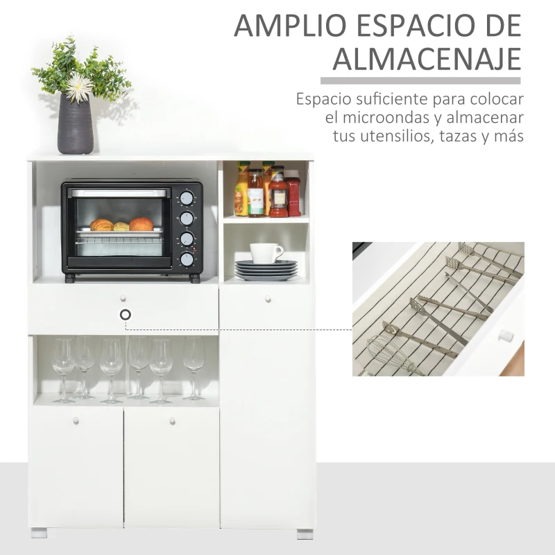 HOMCOM Mueble Auxiliar de Cocina Mueble para Microondas Aparador de Cocina con Cajón Estantes 3 Puertas 3 Compartimientos Diseño Anti-vuelco para Comedor 90x40x120 cm Blanco(m-4)