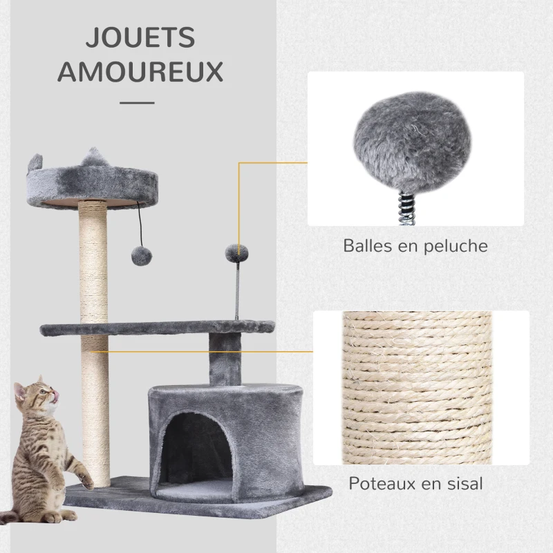 PawHut Arbre à chats griffoir sisal naturel centre d'activités niche plateformes jeu boule suspendue et à ressort gris