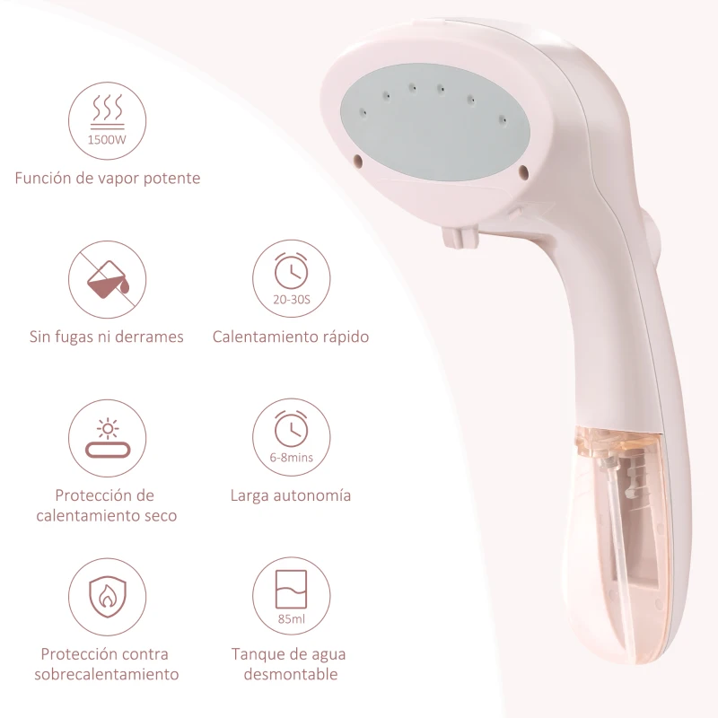 HOMCOM Plancha Vapor Portátil de Viaje 1500W con Accesorios de Cepillo Sistema de Seguridad Autoapagado y Antigoteo Rosa